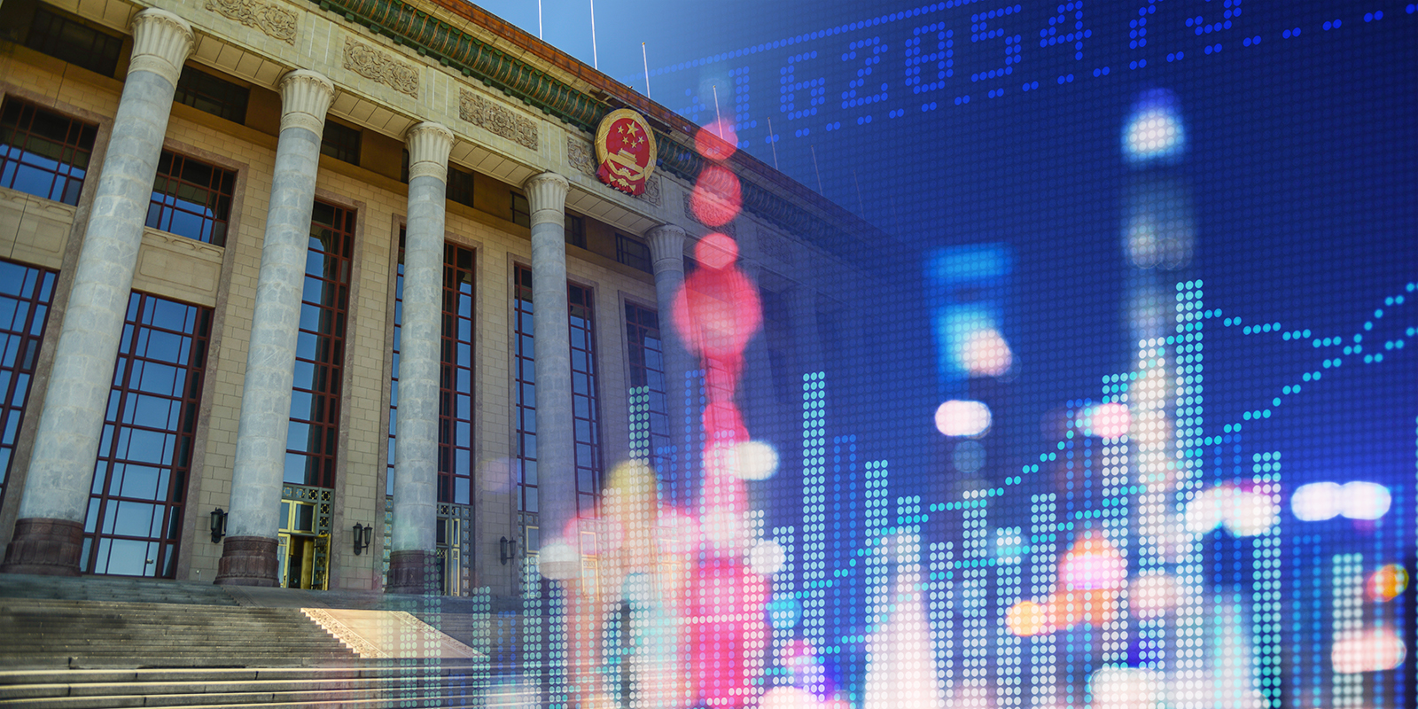 Composite image of the Great Hall of the People in China with overlaid financial graphs and data, representing the intersection of government and economic activity.