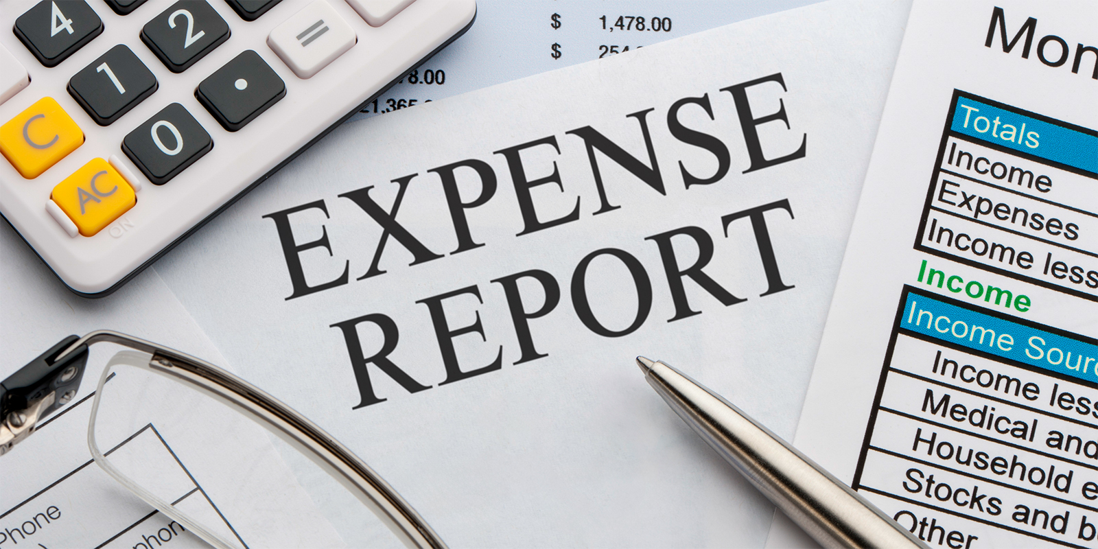 Expense report with calculator, pen, and financial documents symbolizing Sirius XM Radio and Pandora Media's summary judgment victory upheld by the 9th Circuit in a wage and hour PAGA case.