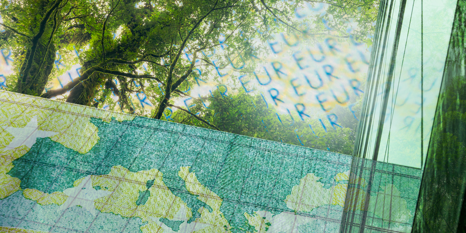 Lush green trees in the background, transparent overlays of euro symbols (EUR), a partial map of Europe with star symbols, and modern glass structures reflecting a green hue.