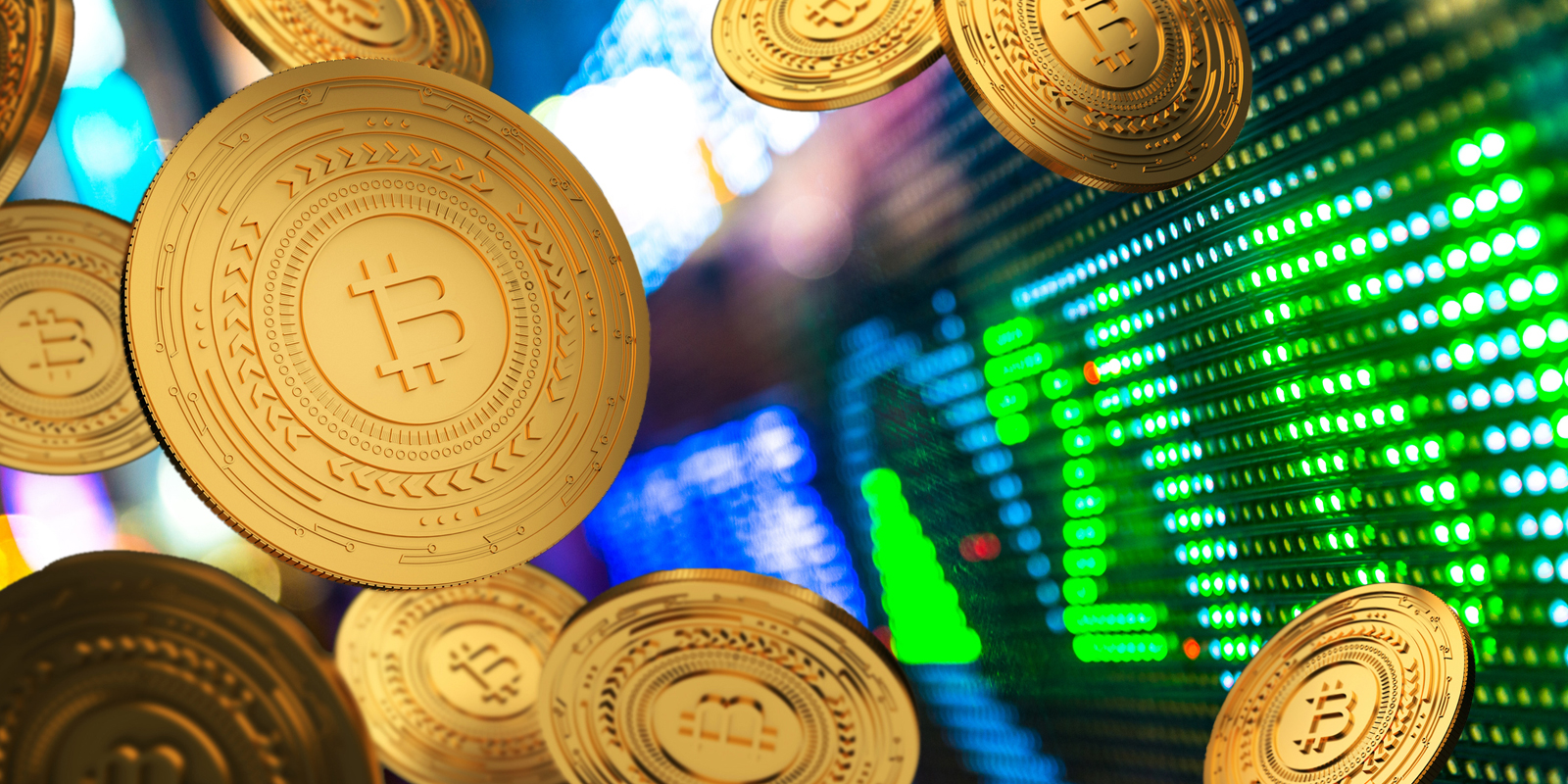 Multiple golden Bitcoin coins floating in front of a vibrant financial display screen, showing green arrows and market data, symbolizing cryptocurrency trading and rising market trends.