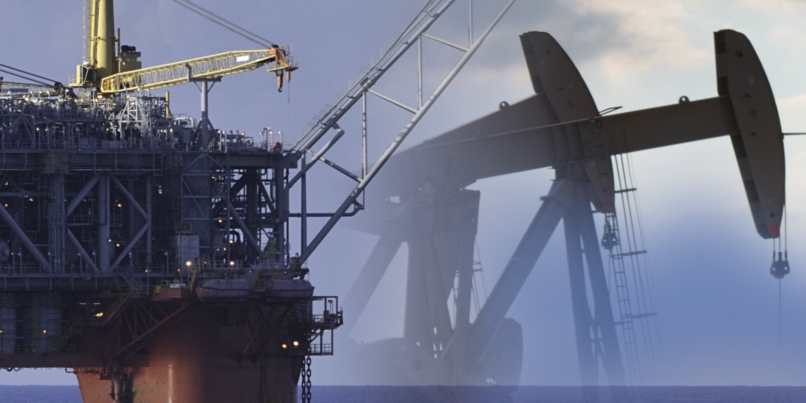 Composite image of offshore and onshore oil extraction: A detailed view of an offshore oil rig with cranes on the left, overlaid with a translucent silhouette of a land-based oil pumpjack against a blue sky and sea background.