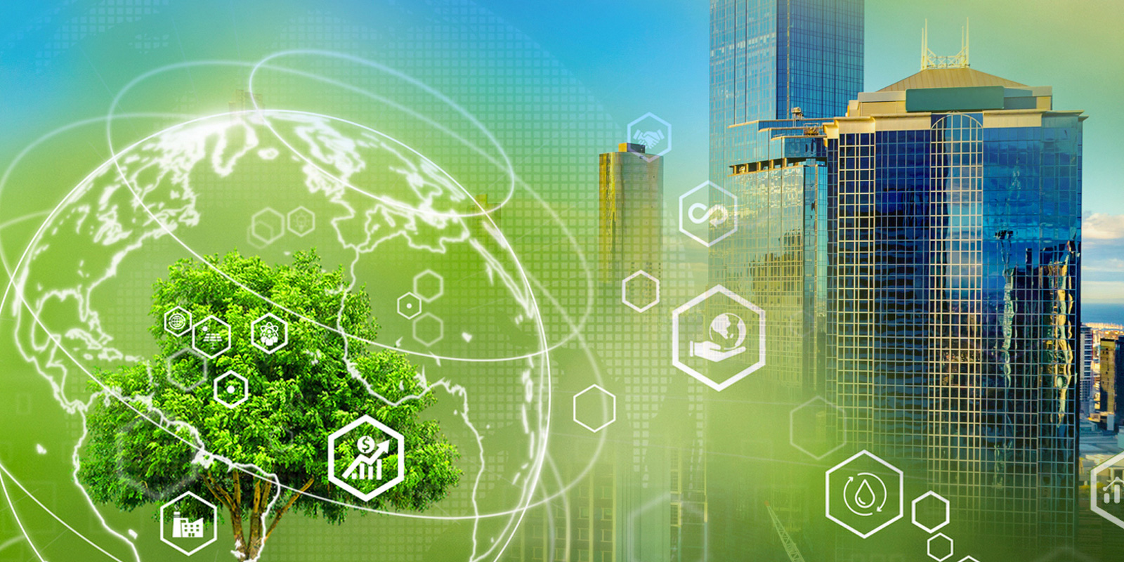 Abstract digital collage featuring a green tree and globe on the left, representing sustainability, with modern skyscrapers on the right, overlaid with icons symbolizing environmental technology and innovation.