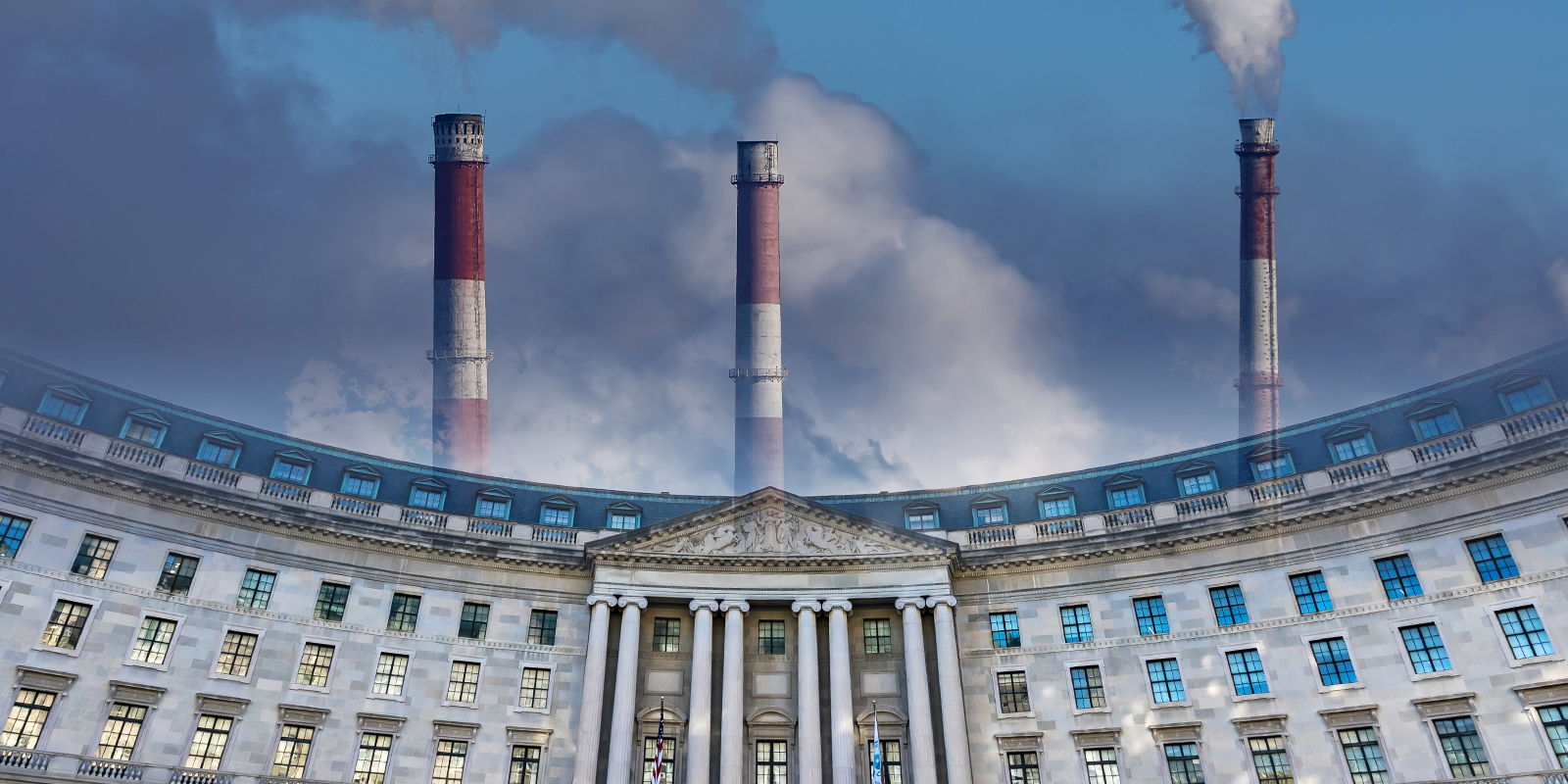 Facade of a large classical government building with smoke stacks emitting smoke in the background, symbolizing industrialization and environmental issues.