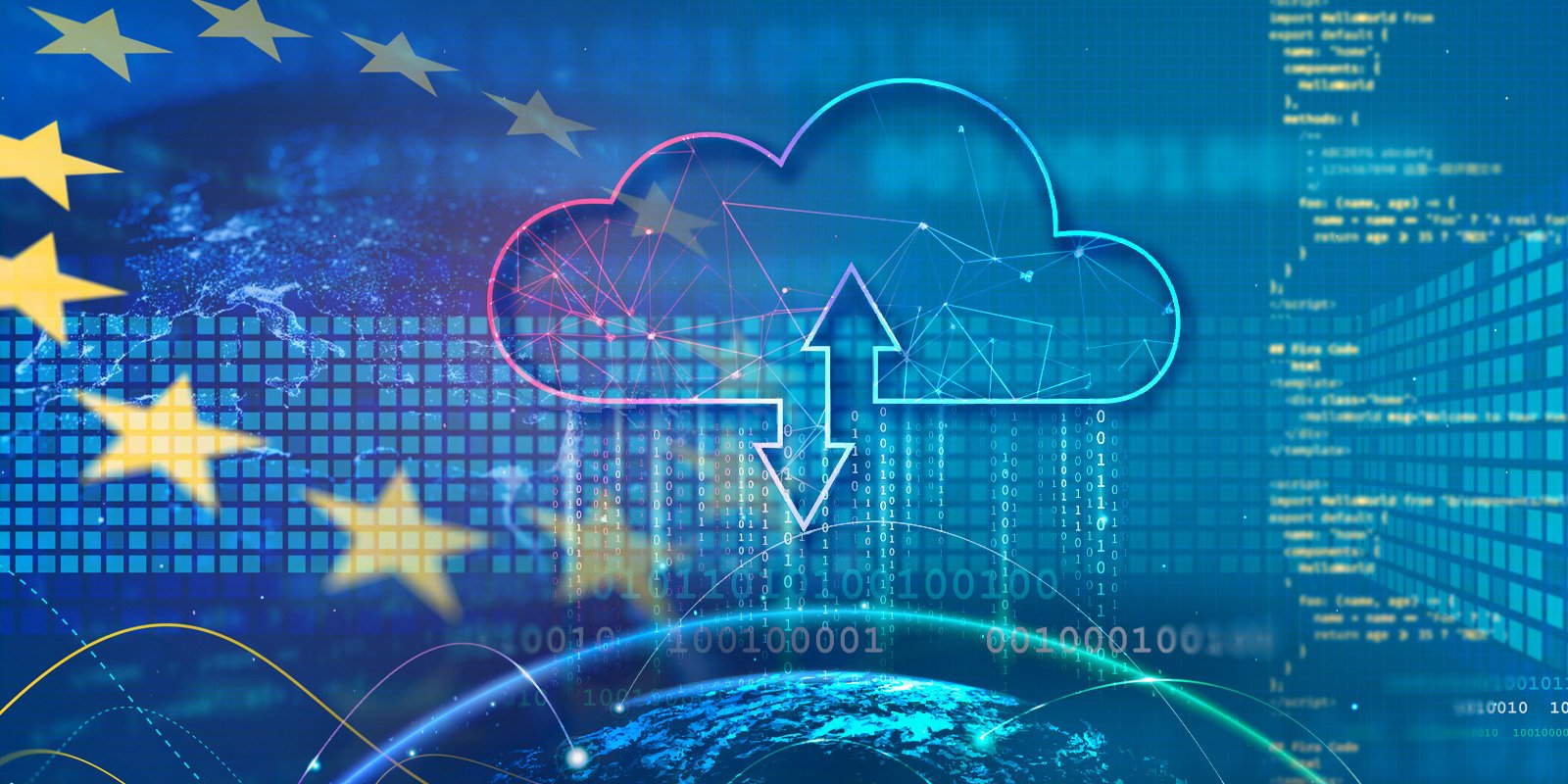 Digital illustration featuring a cloud icon with up and down arrows overlaid on a background of the European Union flag, binary code, and a view of Earth from space, representing cloud computing and data exchange in the EU.