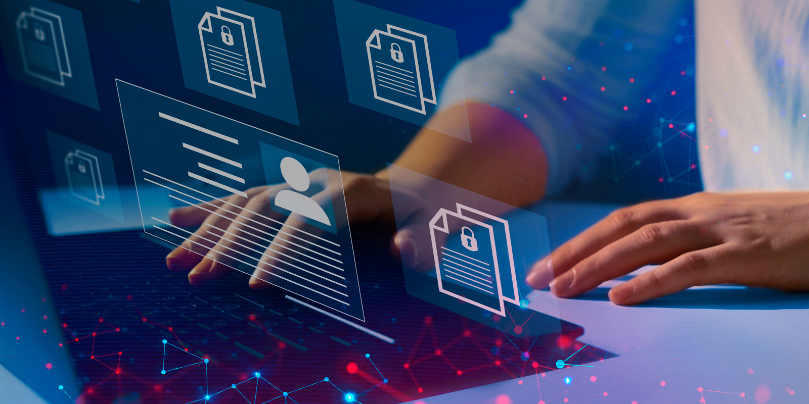 Hands typing on a laptop with digital icons of documents and a user profile, symbolizing online data management and cybersecurity.