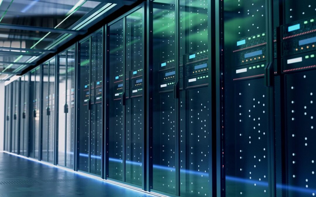 Row of servers in a modern data center, with illuminated indicators and sleek design, symbolizing information technology and data storage.