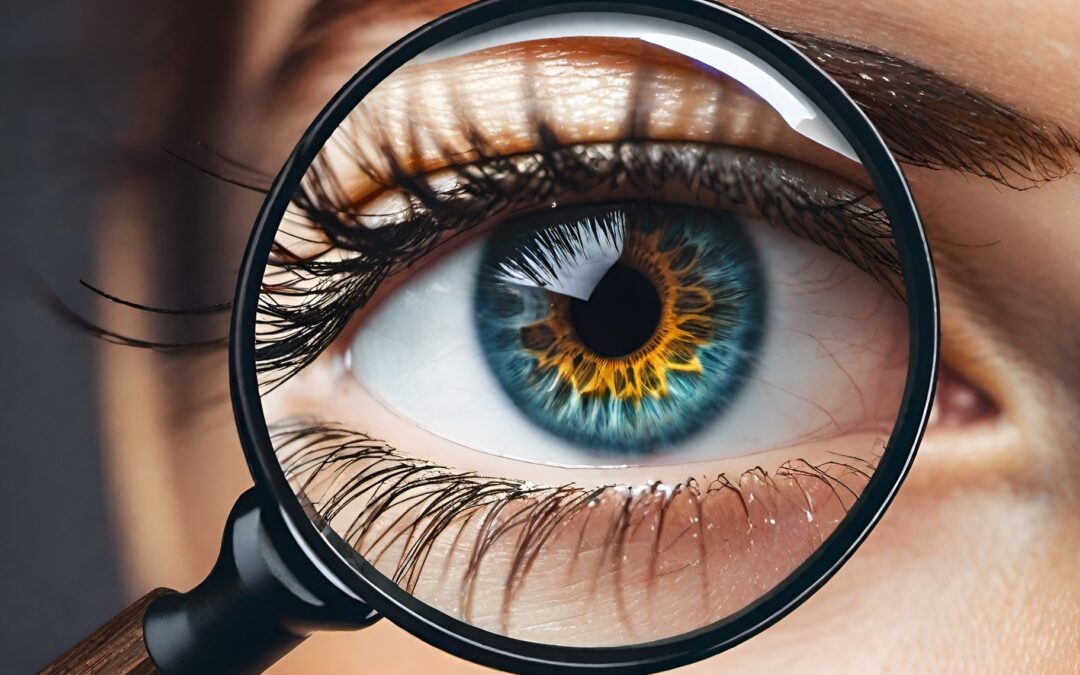 Close-up of a blue eye with intricate detail, viewed through a magnifying glass, symbolizing scrutiny and examination.