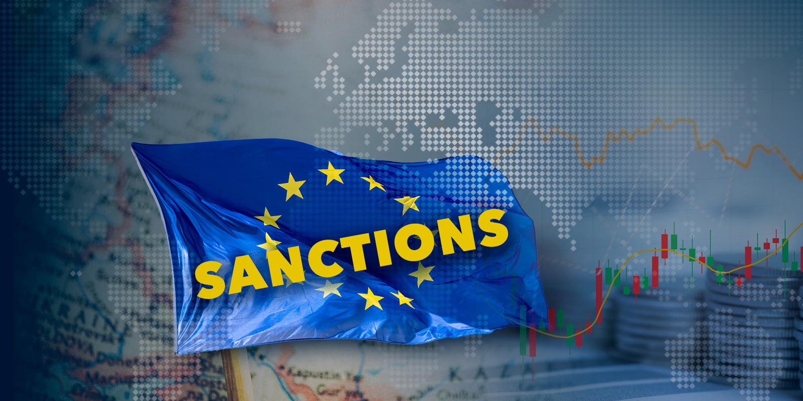 European Union flag with the word 'SANCTIONS' written across it, set against a backdrop of a world map, financial charts, and stacks of coins.