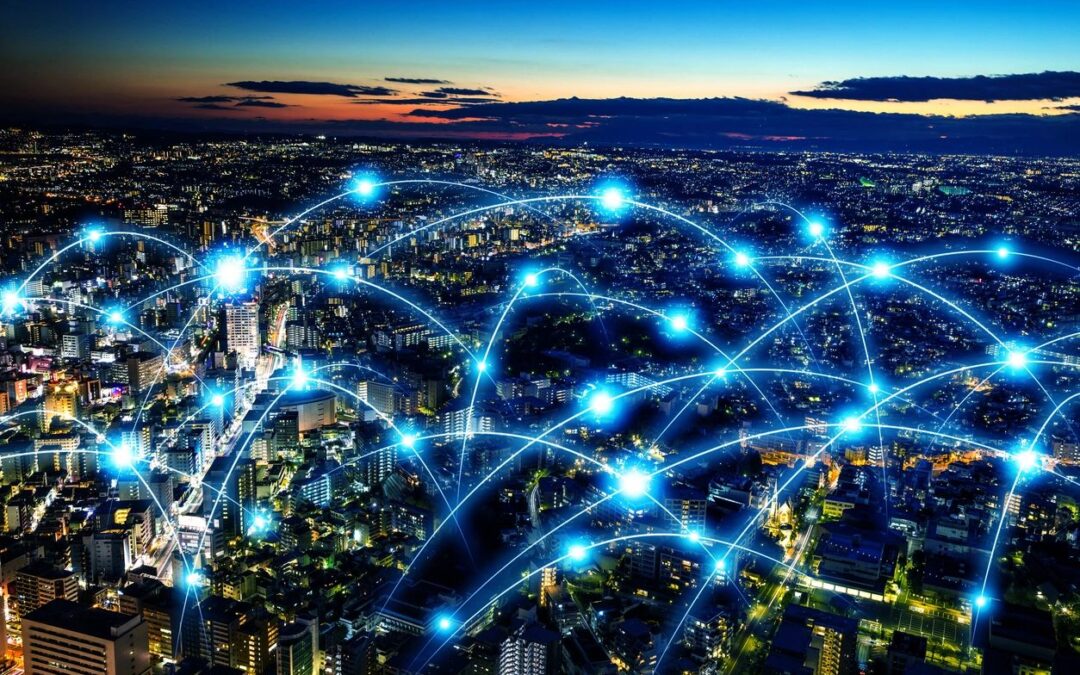Cityscape at dusk with glowing blue connections representing a network or communication links across the city.